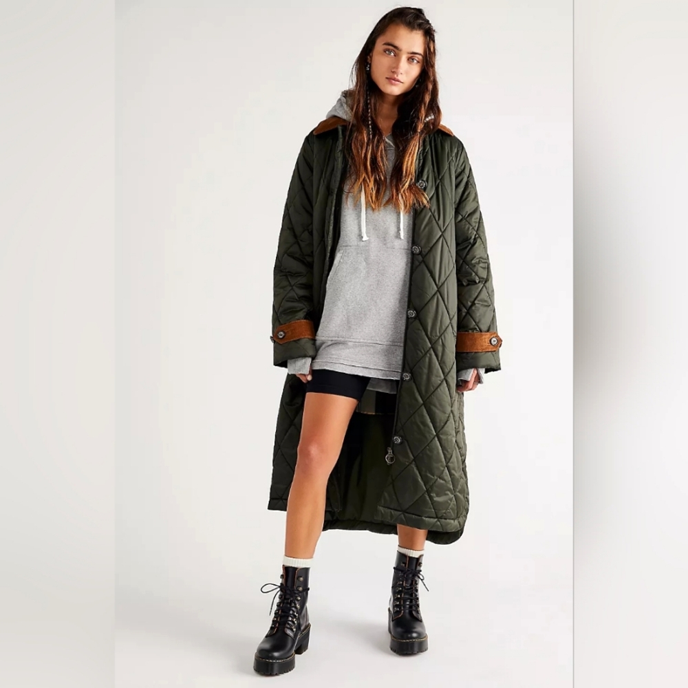 Barbour Silwick Quilted Long Coat Olive Green